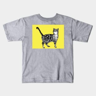 Cute Striped Tabby Cat Art Lemon Yellow Kids T-Shirt